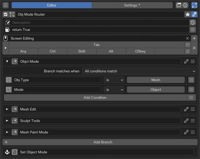 Obj Mode Router の編集画面。