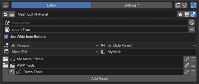 Mesh Edit N-Panel の編集画面。