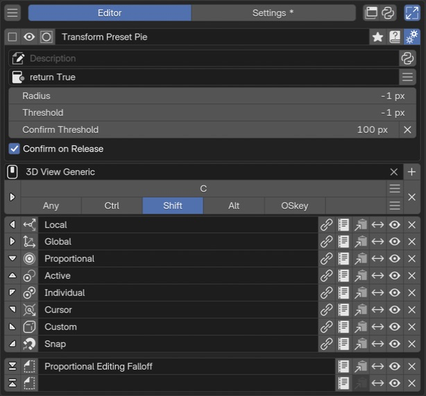 Hotkey 設定。上段に Keymap、下段の左に Hotkey Mode、右にキーと修飾キー。3D View Generic に Shift C を割り当てた例。